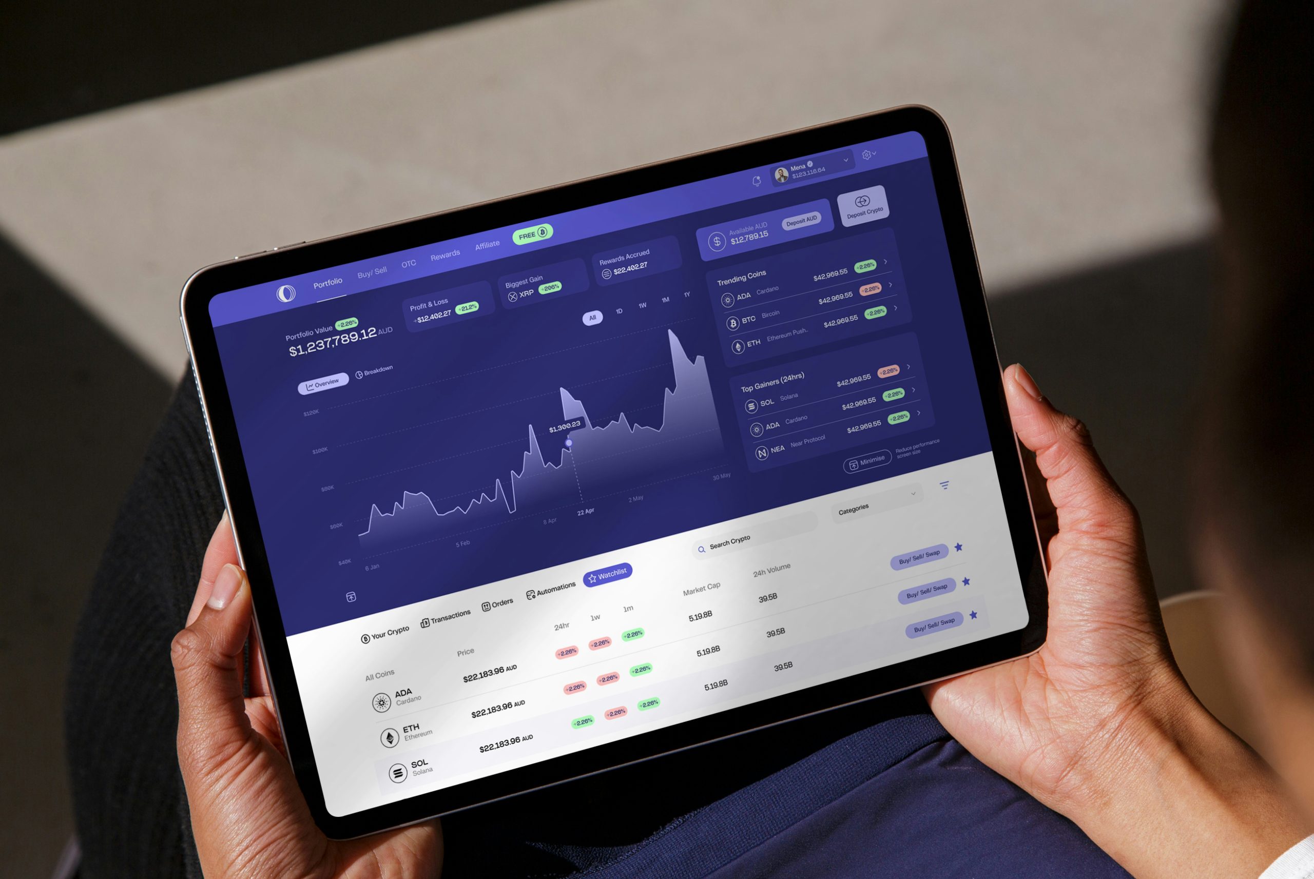 Digital banking and investment platform displayed on a tablet